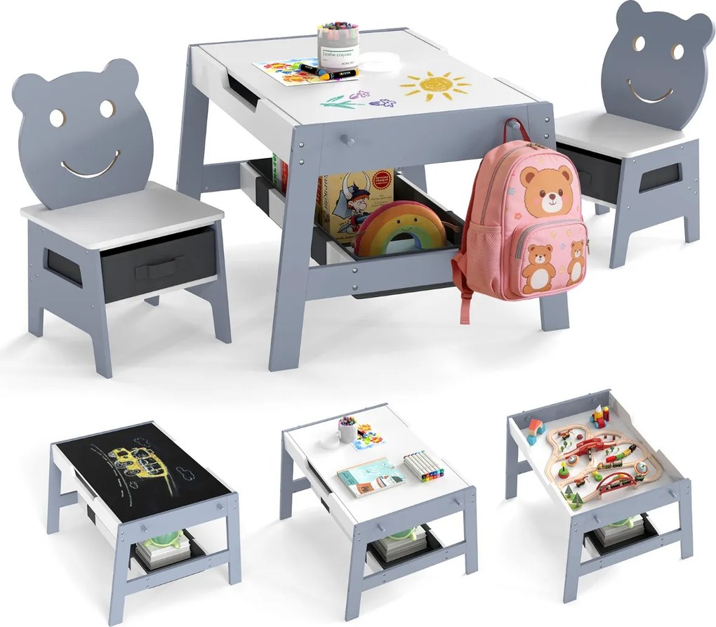 Conjunto de Mesa e 2 cadeiras infantil Secretária 5 em 1 com superfície reversível Quadro branco e preto 4 ganchos Compartimentos Cinzento