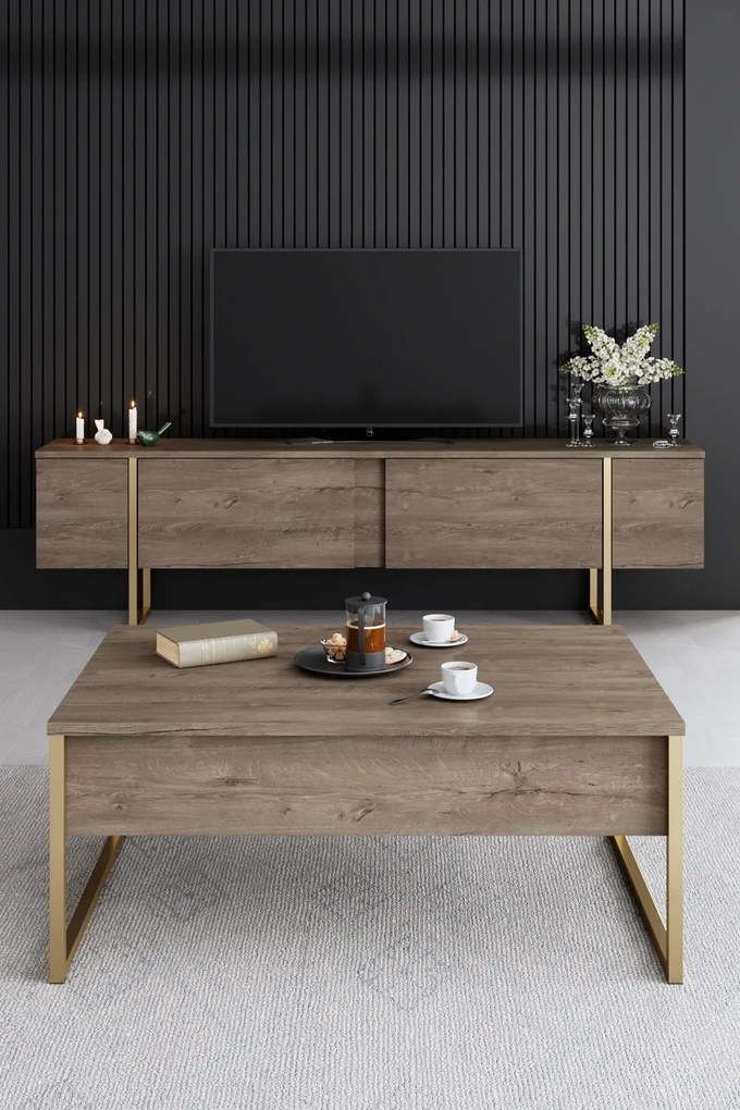 Conjunto de Mobiliário de Sala Luxe – Noz Dourado – Console 160x35x80