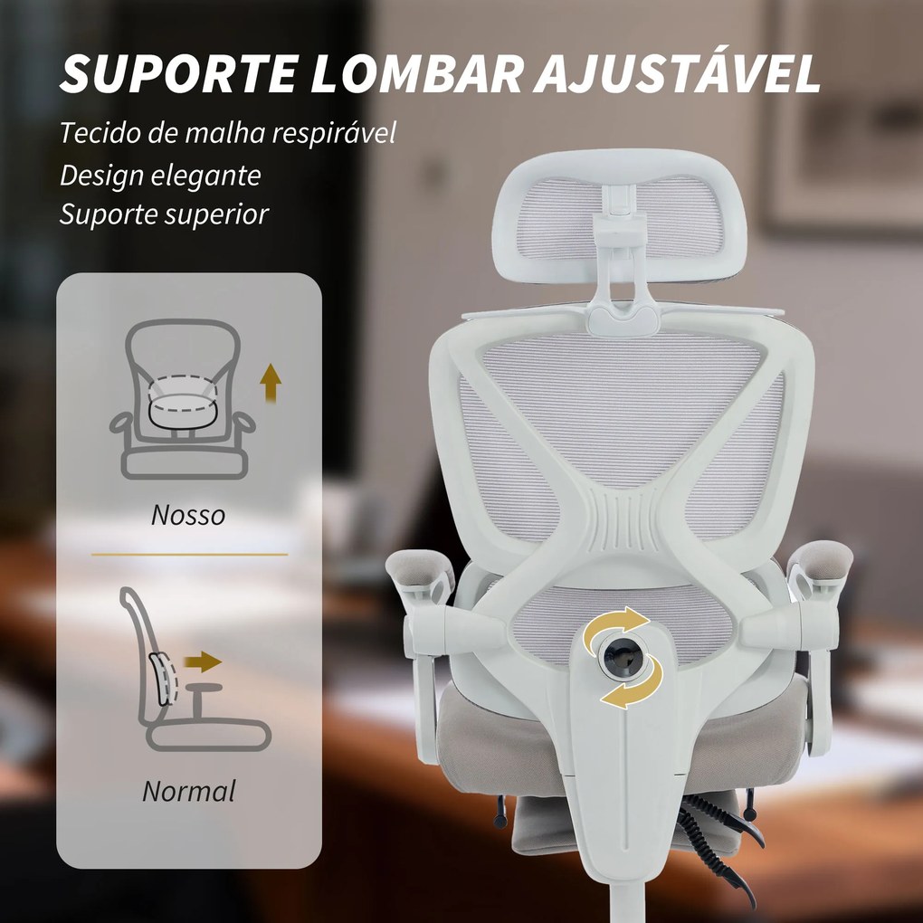 Cadeira de Escritório de Malha Reclinável com Apoio de Cabeça, Suporte Lombar, Apoio para os Pés e Altura Regulável, Cinzento Claro