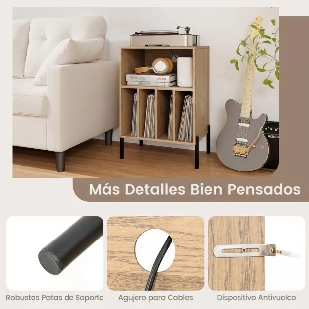 Estante para discos vinil Pernas de metal e Estação de carregamento e porta USB para sala de estar Quarto Escritório Natural