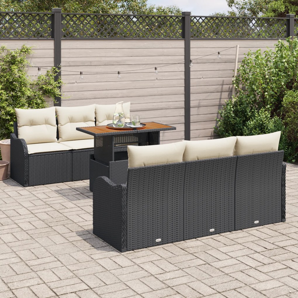 Conjunto de Sofá de Jardim vidaXL 7 Peças com Almofadas Preto Rattan P