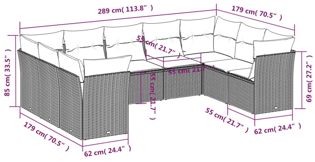 9 pcs conjunto de sofás p/ jardim com almofadões vime PE bege