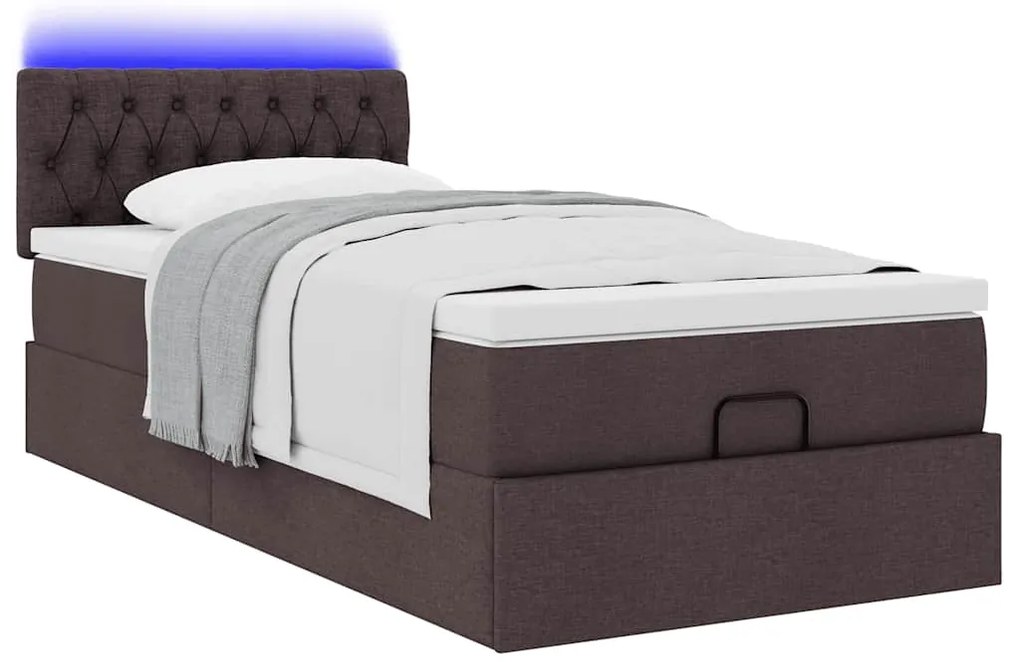 Cama otomana com colchão & LEDs 90x200cm tecido castanho escuro