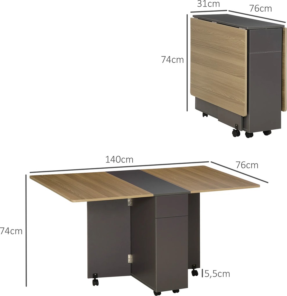 Mesa de jantar dobrável com rodas (CADEIRAS NÃO INLCUIDAS), com 2 gavetas e 1 armário para arrumação, 76 x 140 x 74 cm castanho e cinzento