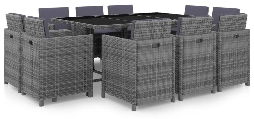 vidaXL 11 pcs conjunto jantar exterior c/ almofadões vime PE cinzento
