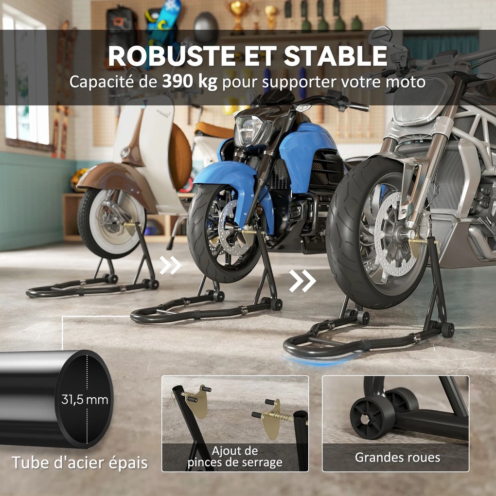 Suporte para roda dianteira e traseira com capacidade para 390 kg; suporte de oficina para motos com braço ajustável em aço, garfo em forma de U + L,