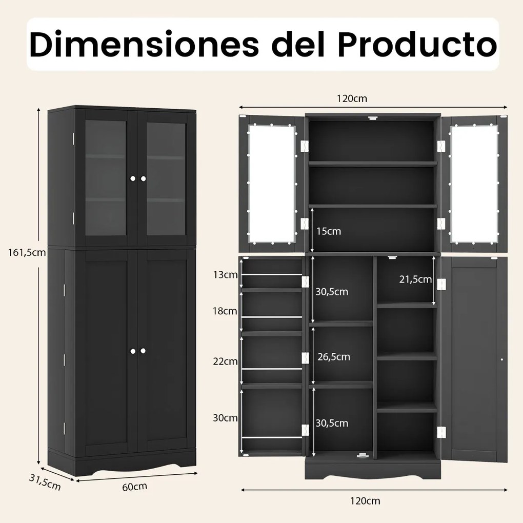 Armário cozinha de arrumação para despensa de cozinha com portas de vidro Prateleiras adicionais Preto