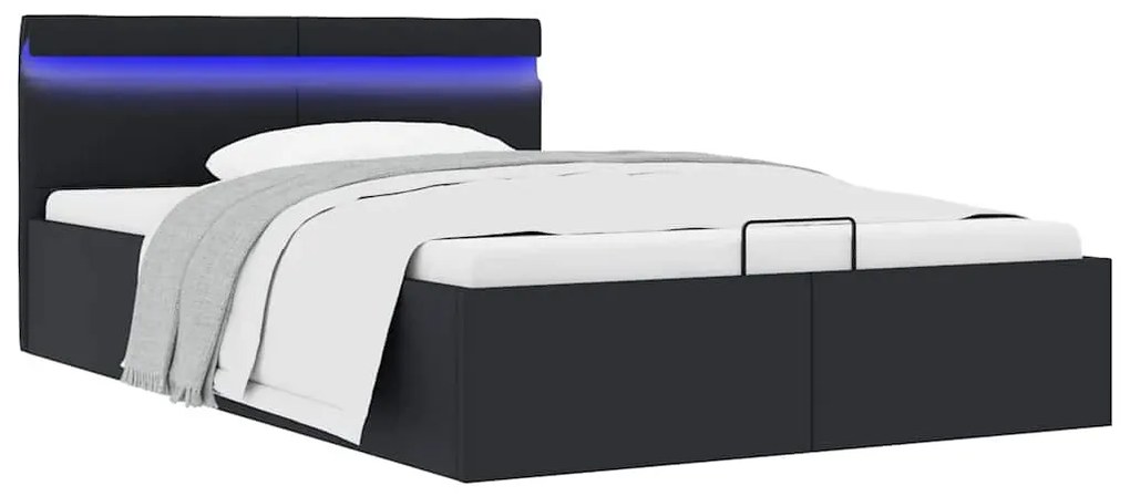 Cama hidráulica LED c/ arrumação 140x200cm couro artifi. preto