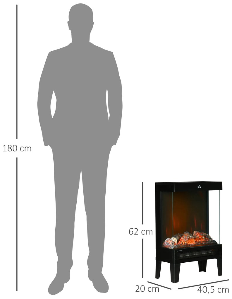 Lareira Elétrica 1000W/2000W Lareira Elétrica com Chama LED Realista Ajustável Termostato e Proteção Contra Superaquecimento para Área de até 15-20 m²