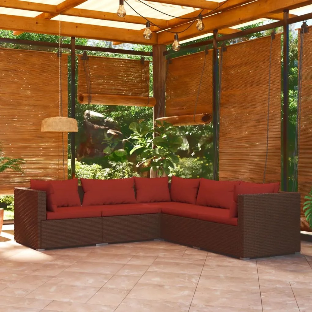 vidaXL 5 pcs conjunto lounge jardim c/ almofadões vime PE castanho