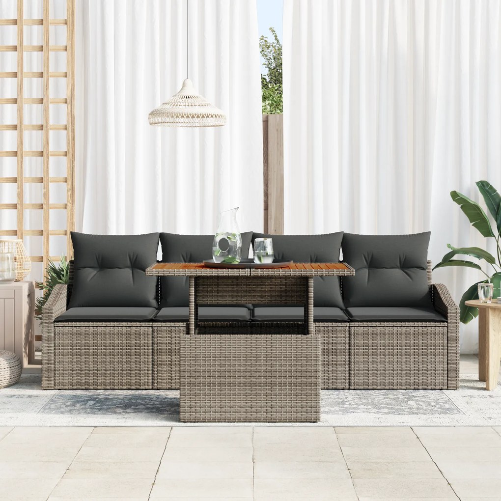Conjunto de Sofá de Jardim com 5 Peças com Almofadas Cinza Vime PE