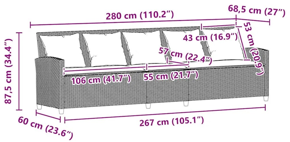 Sofá de jardim de 5 lugares c/ almofadões vime PE cinza-claro