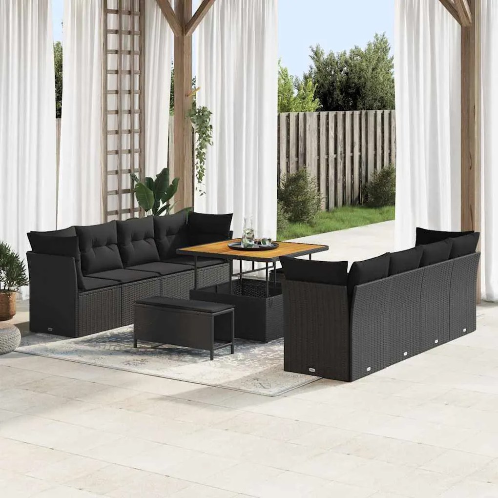 vidaXL Conjunto de Sofá de Jardim da com 11 Peças e Almofadas em Rattan Sintético Preto e Acácia.