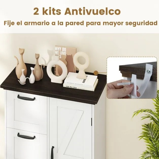 Aparador estilo rústico 60 x 30 x 80 cm com porta de celeiro e 3 gavetas de armazenamento Branco + Castanho