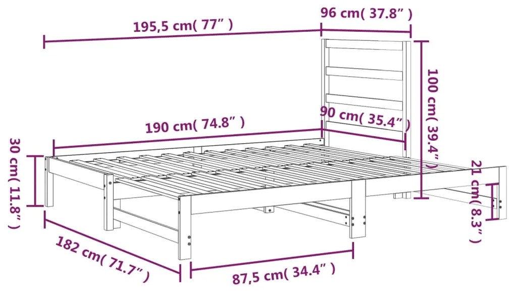 Estrutura sofá-cama de puxar 2x(90x190) cm pinho maciço