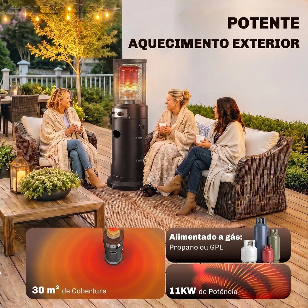 Aquecedor de Gás para Pátio 11 kW Estufa de Exterior Portátil a Propano com Grelha de Proteção e Sistema Antitombo Preto