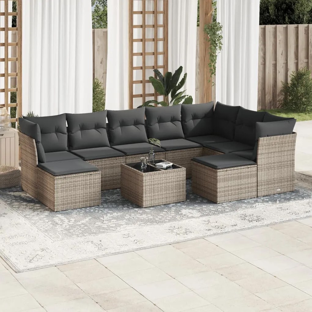 10 pcs conjunto sofás de jardim c/ almofadões vime PE cinzento