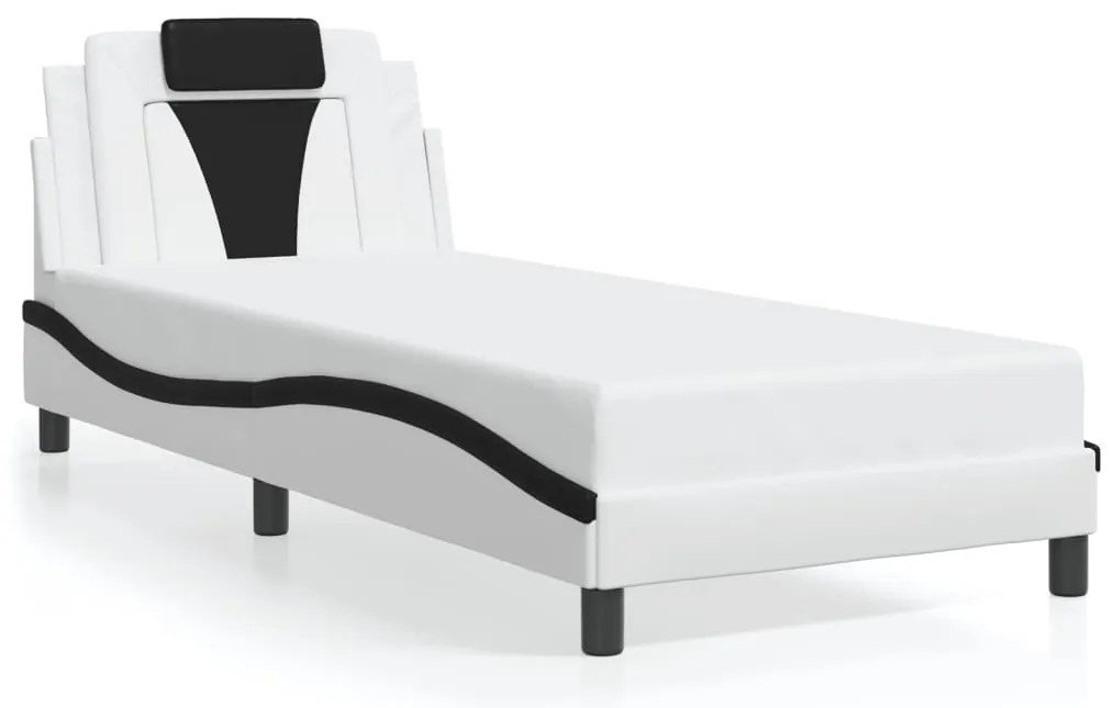 Estrutura cama c/ luzes LED 90x200cm couro artif. branco/preto