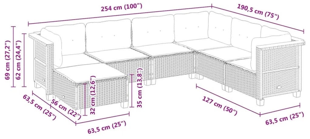 7 pcs conjunto sofás p/ jardim c/ almofadões vime PE cinzento