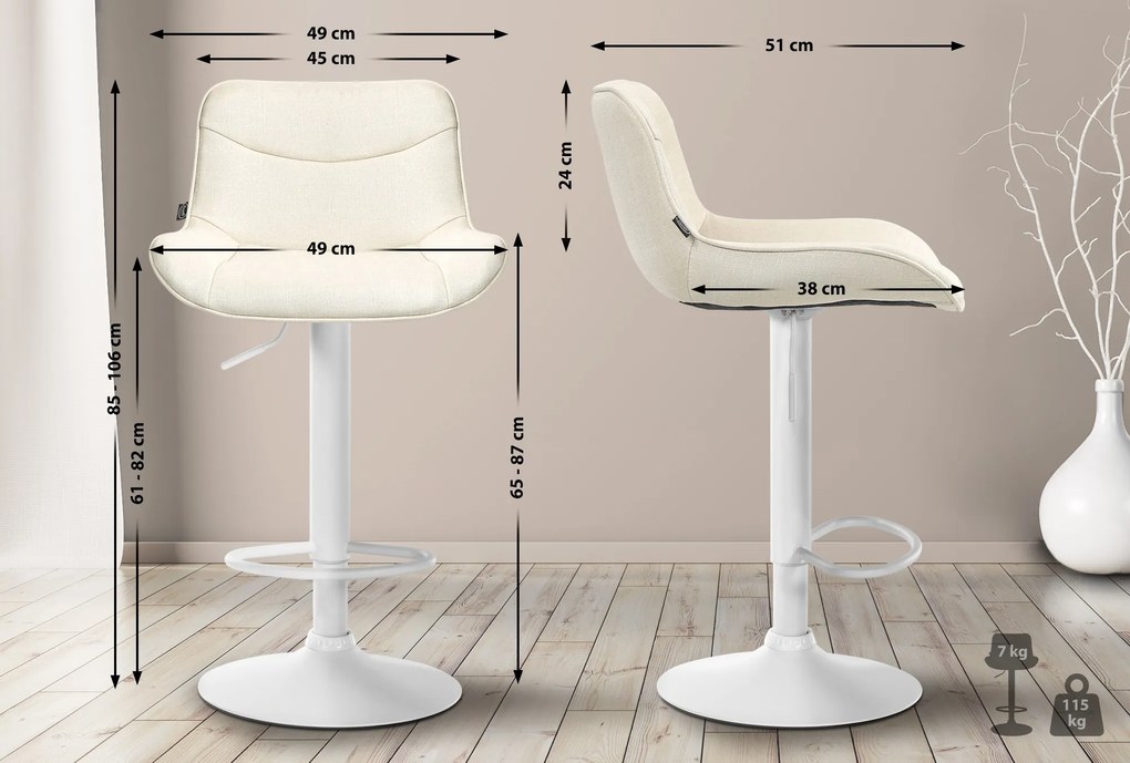Banco alto em tecido com estrutura branca 85-106 x 49 x 51 cm cor creme