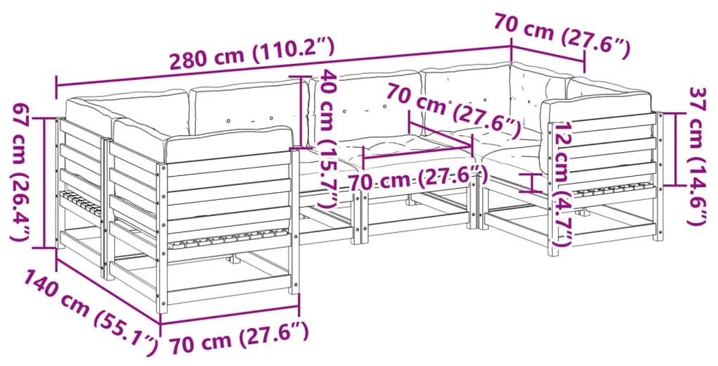 6 pcs conjunto sofás de jardim c/ almofadões pinho impregnado