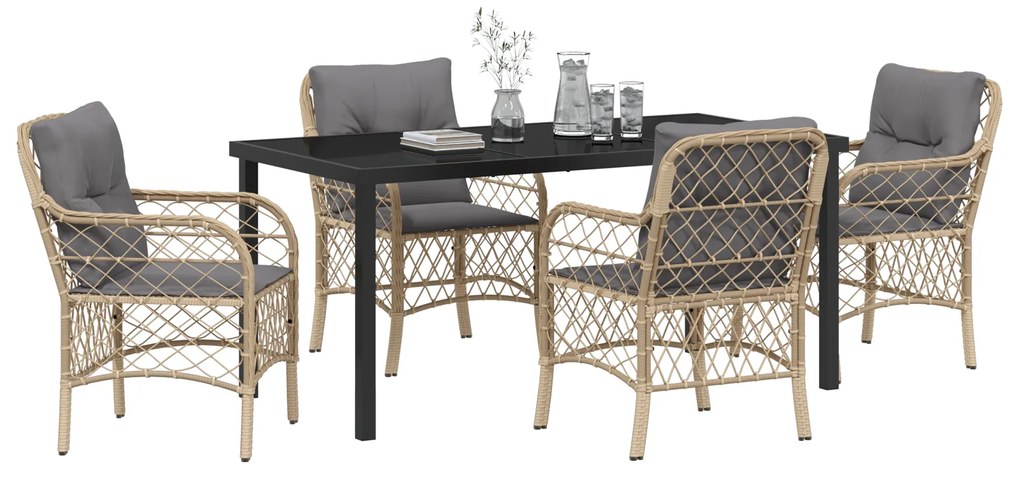 Conjunto de Jantar Jardim com Almofadas Bege Poli Rattan