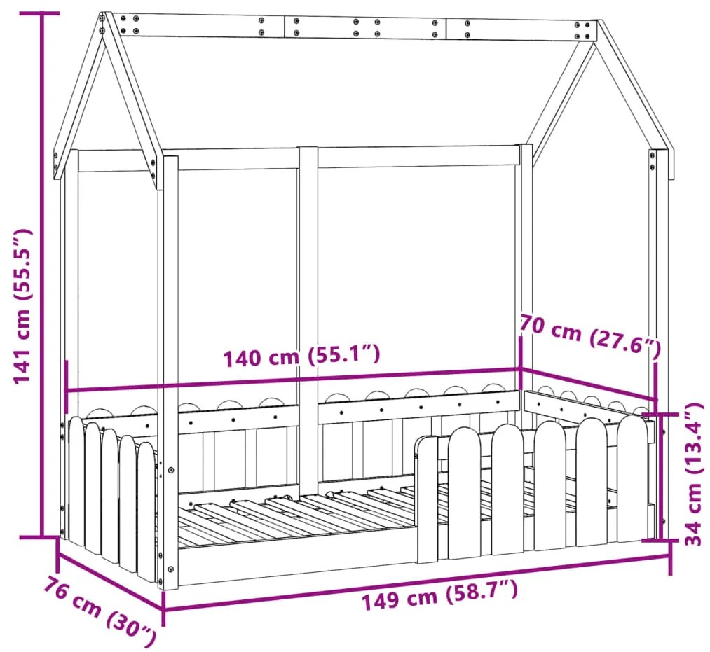 Cama infantil formato casa 70x140 cm pinho maciço castanho-mel