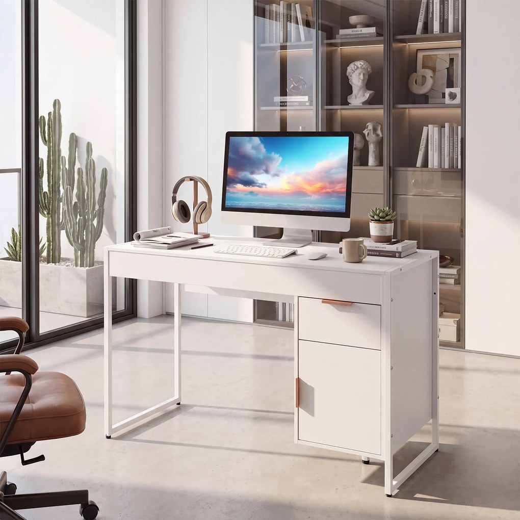 Secretária de Computador com Armário e Gaveta, 109 x 47 x 75 cm, Estrutura Metálica Resistente, Branco