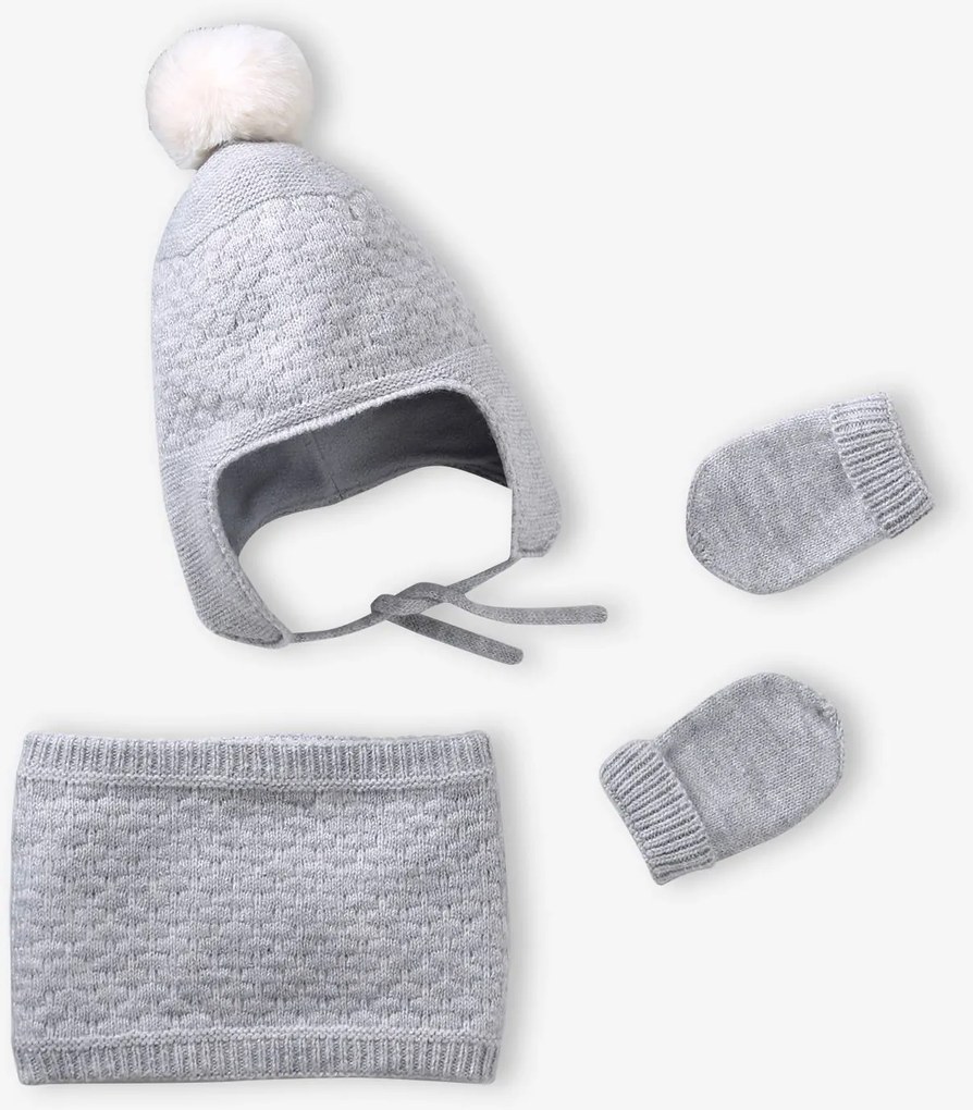 Conjunto de 3 peças gorro, gola e luvas sem dedos para bebé menina cinza mesclado