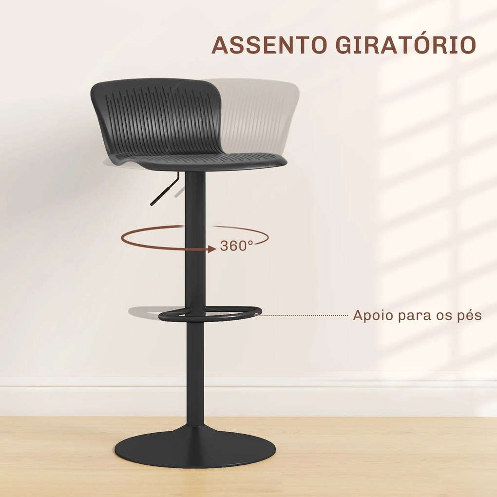 Conjunto de 2 Bancos Altos de Cozinha Giratória com Encosto e Altura Ajustável Carga 120 kg para Bar Sala de Estar Preto