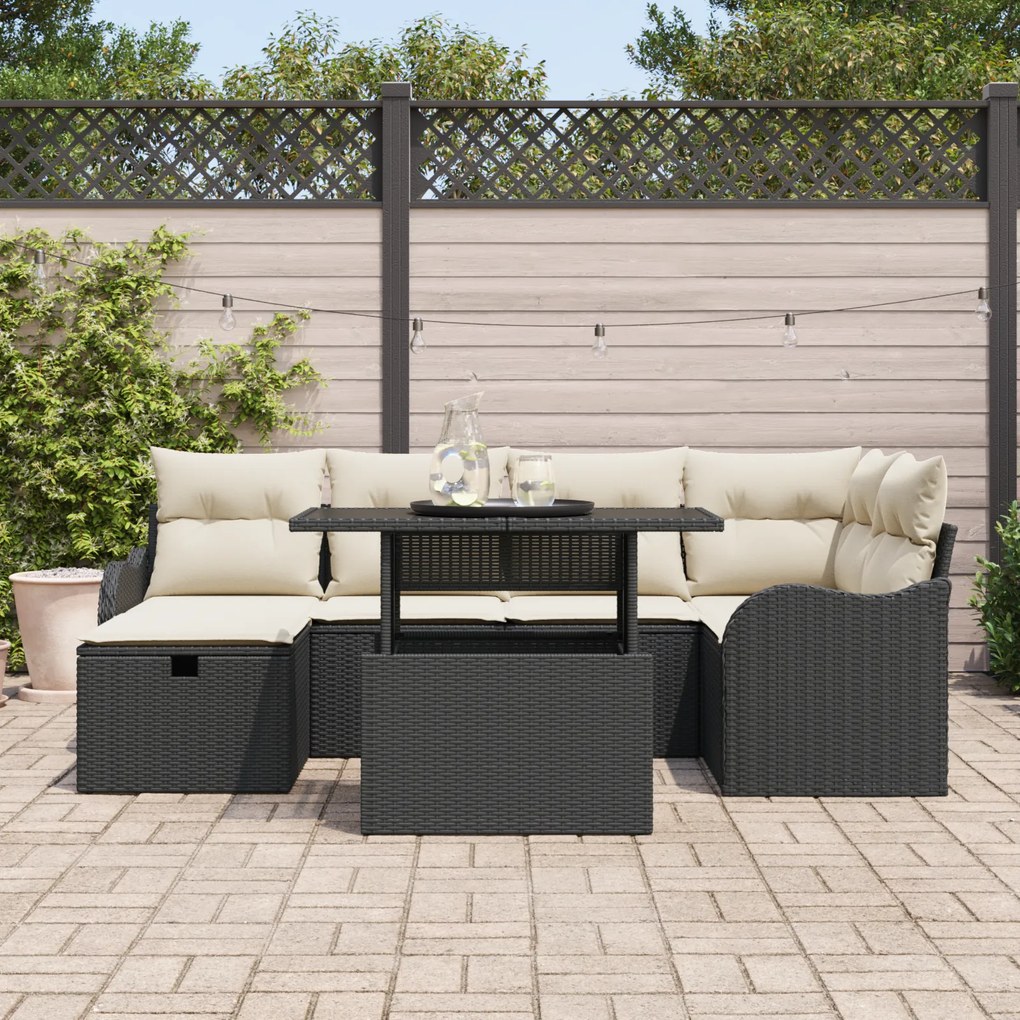 Conjunto de Sofás de Jardim vidaXL de 7 Peças com Almofadas Preto Vime