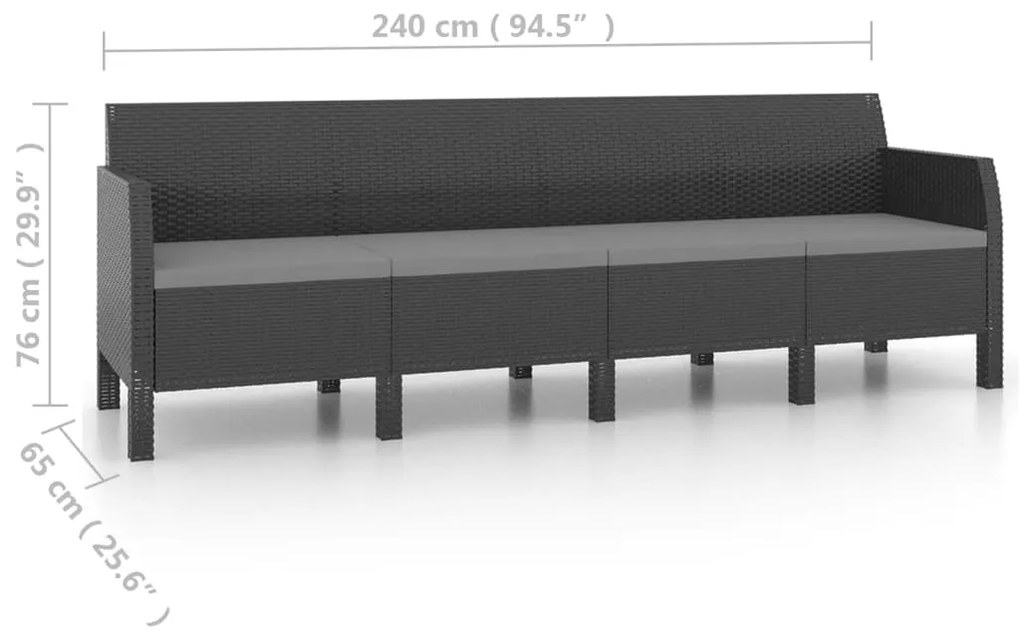 Sofá de jardim 4 lugares com almofadões vime PP antracite