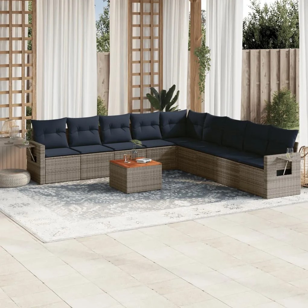 vidaXL 10 pcs conjunto sofás p/ jardim c/ almofadões vime PE cinzento