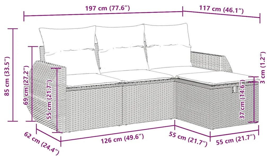 4 pcs conjunto sofás de jardim c/ almofadões vime PE cinzento