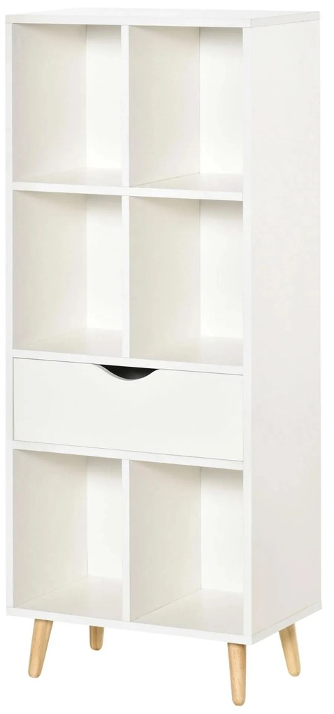 HOMCOM Estante para Livros com 6 Compartimentos Abertos 1 Gaveta e Pés de Madeira para Armazenamento de Brinquedos CDs Plantas 50x29,5x120cm Branco