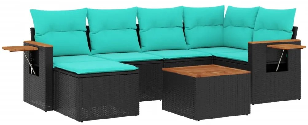 7 pcs conjunto de sofás p/ jardim c/ almofadões vime PE preto