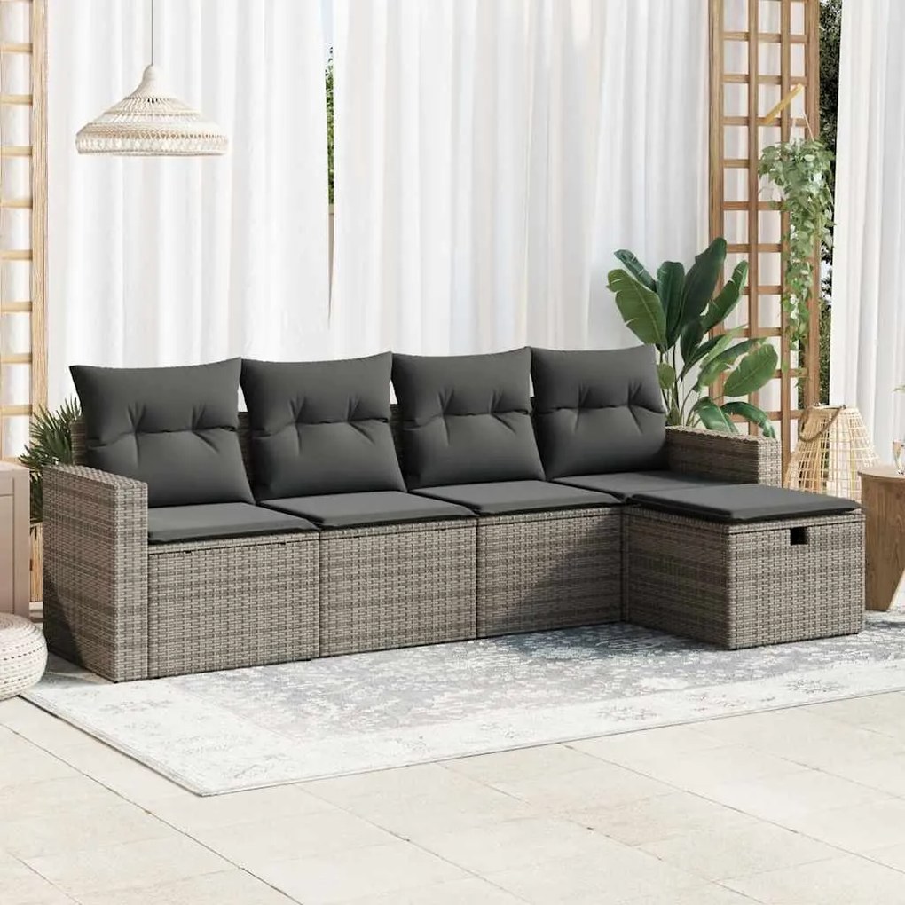 5 pcs conjunto sofás de jardim c/ almofadões vime PE cinzento