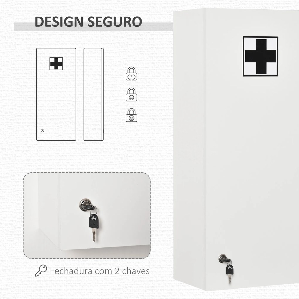 Armário de Medicamentos de Parede 5 Níveis com Prateleiras de Vidro Ajustáveis Fechadura Chaves 30x20x70 cm Branco