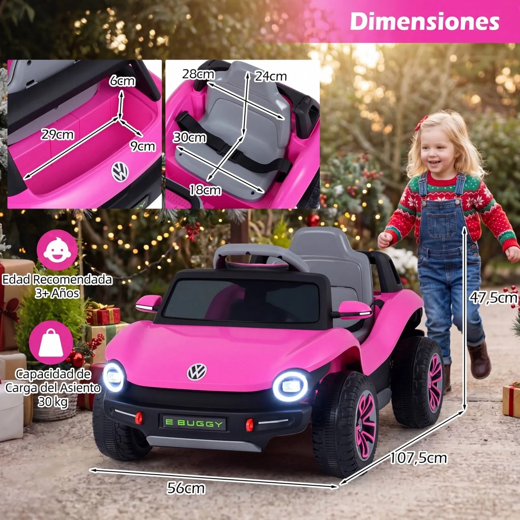 Carrinho Elétrico para Crianças 1 a 5 anos, 107,5 x 56 x 47,5 cm, com Controlo Remoto, Rosa