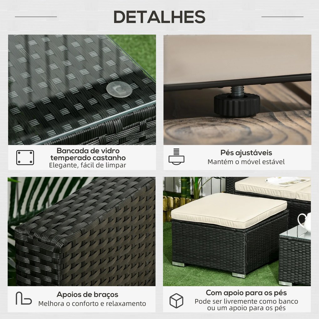 Outsunny Conjunto de Móveis de Vime de Jardim 3 Peças Conjunto de Móveis de Vime Exterior Sofá de 3 Lugares com Almofadas Acolchoadas Mesa de Centro com Bancada de Vidro Temperado e Banco Preto e Bege