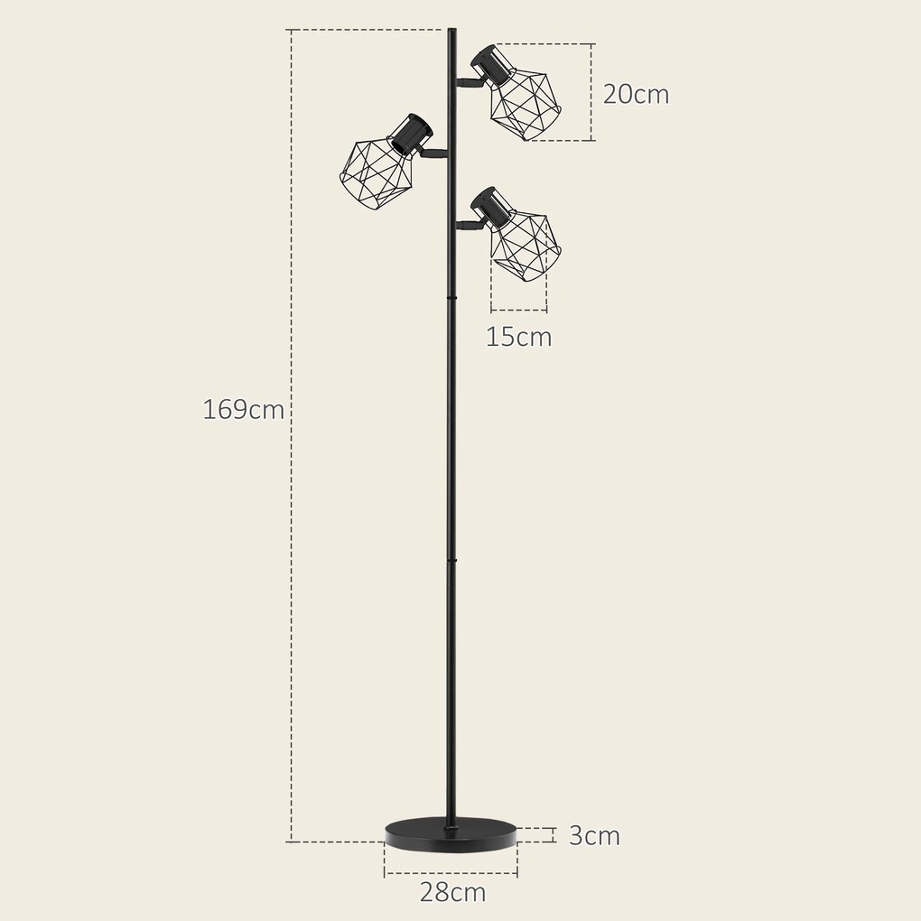Candeeiro de pé para sala de estar com 3 luzes, compatível com lâmpadas E27 (não incluídas) 41 x 28 x 169 cm, preto