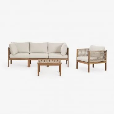 Conjunto De Sala Com Sofá Modular De 3 Peças Com Apoios De Braço, Poltrona E Mesa De Centro Em Madeira De Acácia Branson Branco Gardênia - Castanho Ac