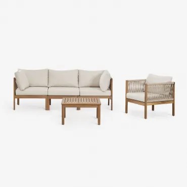 Conjunto De Sala Com Sofá Modular De 3 Peças Com Braços, Poltrona E Mesa De Centro Em Madeira De Acácia Branson Castanho Acácia - Sklum