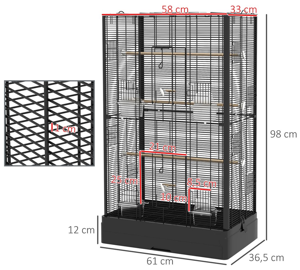 Gaiola para Pássaros 61x36,5x98 cm com Portas Poleiros Bandeja Removível e Alças para Canários Periquitos Preto