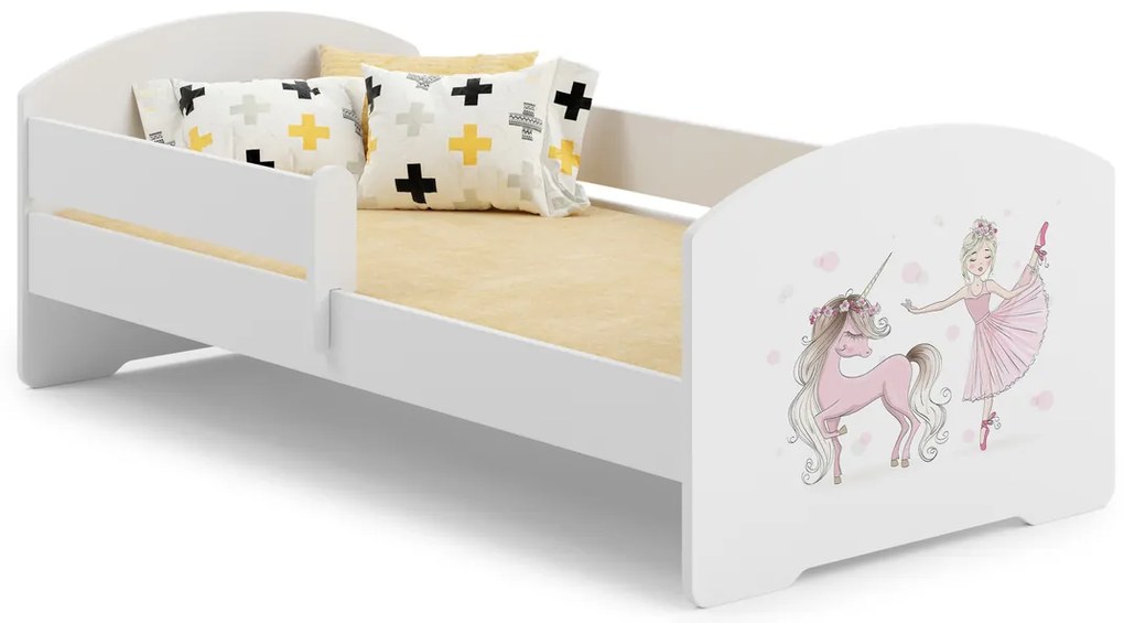 Cama infantil LUK unicórnio e princesa 140x70 branca com grade - colchão e estrado incluído