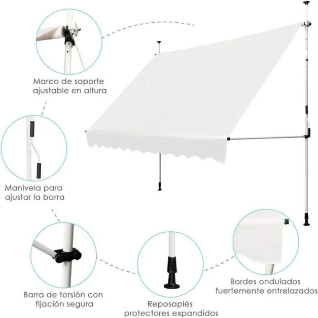 Toldo Exterior 350 x 125 cm Altura Ajustável 2-3 m com Manivela e Resistente às Intempéries Manual para Jardim e Varanda Bege