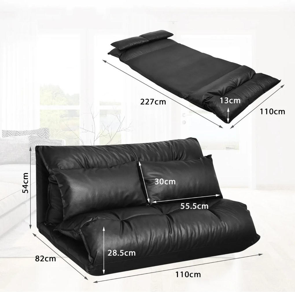 Sofá-cama dobrável de couro sintético com 2 almofadas ajustáveis de 5 posições 227 x 110 x 13 cm Preto