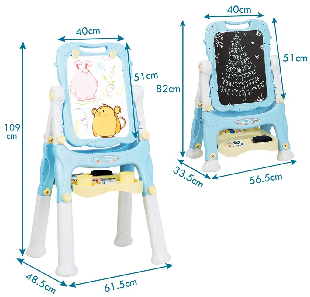 Quadro Branco Infantil Magnético de Dupla Face Altura Ajustável Quadro Branco com Acessórios Azul