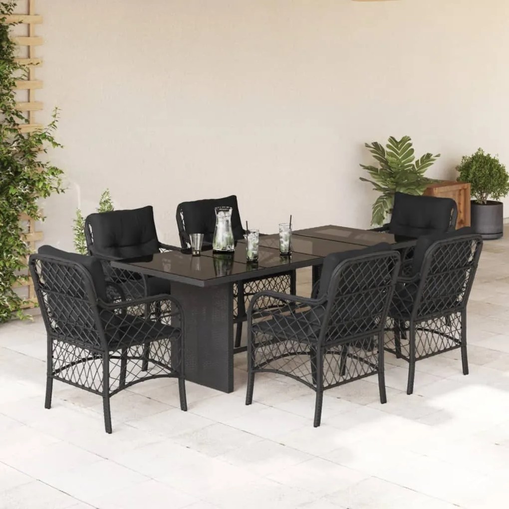 7 pcs conjunto de jantar p/ jardim c/ almofadões vime PE preto