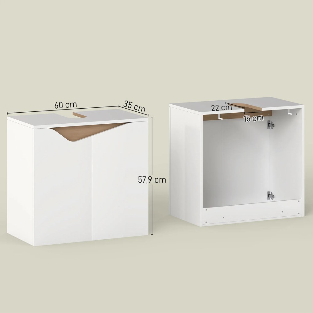 Móvel para lavatório (NÃO INCLUIDO), móvel de casa de banho com 2 portas com fecho suave, 60 x 35 x 57,9 cm, branco e madeira natural